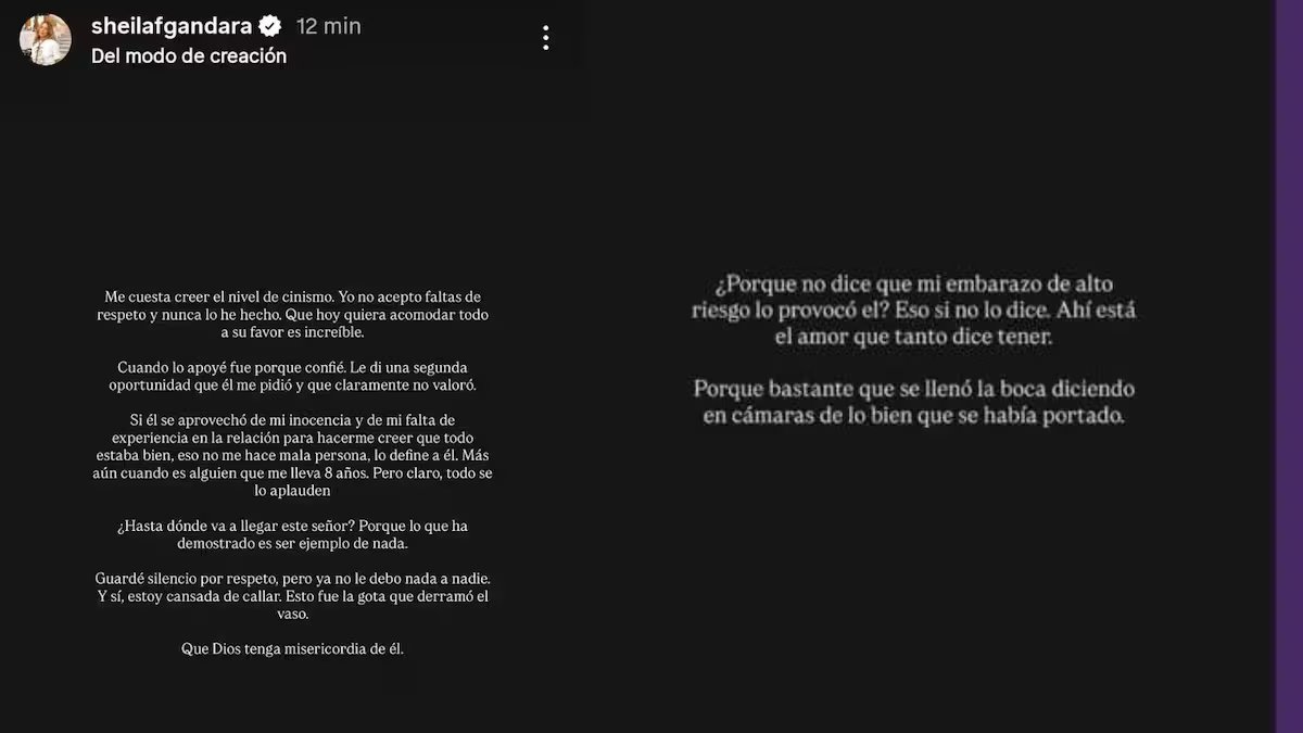 Sheila Gándara, quien había defendido a Juanda Caribe en redes sociales, decidió hacer públicas sus experiencias y sentimientos sobre su relación - crédito @sheilafgandara/ Instagram
