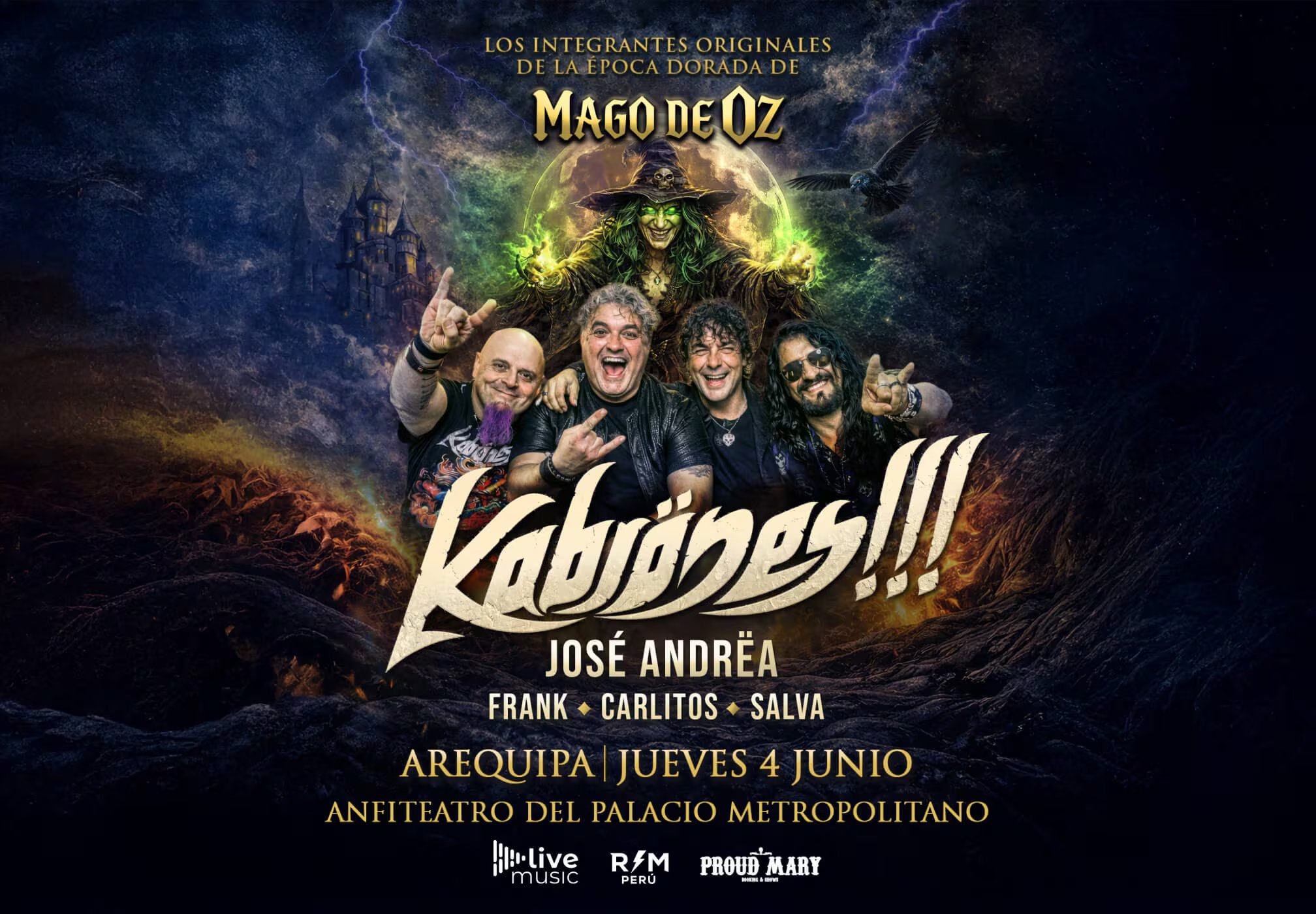La banda Kabrones, formada por exintegrantes de Mago de Oz, presenta su concierto en Arequipa, Perú, el jueves 4 de junio en el Anfiteatro del Palacio Metropolitano.