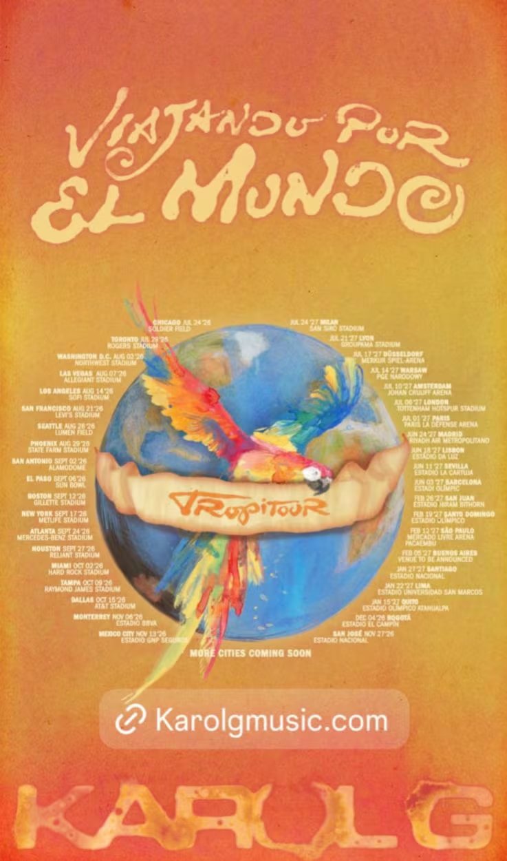 Karol G dará inicio a su gira ‘Viajando por el mundo, Tropitour’ el 24 de julio en Chicago, marcando el comienzo de una serie de conciertos en escenarios internacionales - crédito @karolg / Instagram