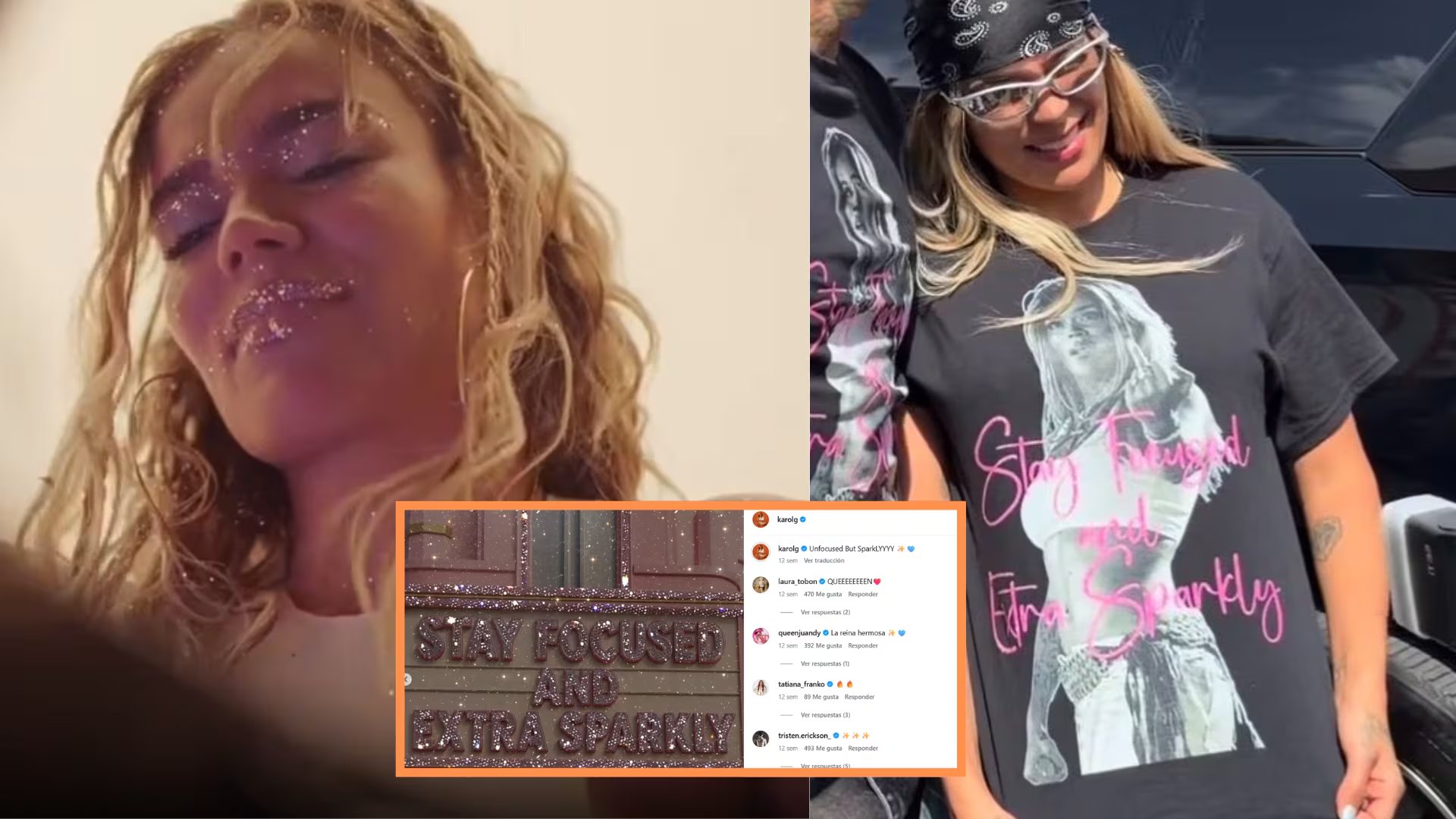 El nombre Stay Focused and Extra Sparkly se popularizó entre los seguidores tras aparecer en una camiseta de Karol G durante los ensayos de Coachella y en publicaciones recientes - crédito @karolg / Instagram
