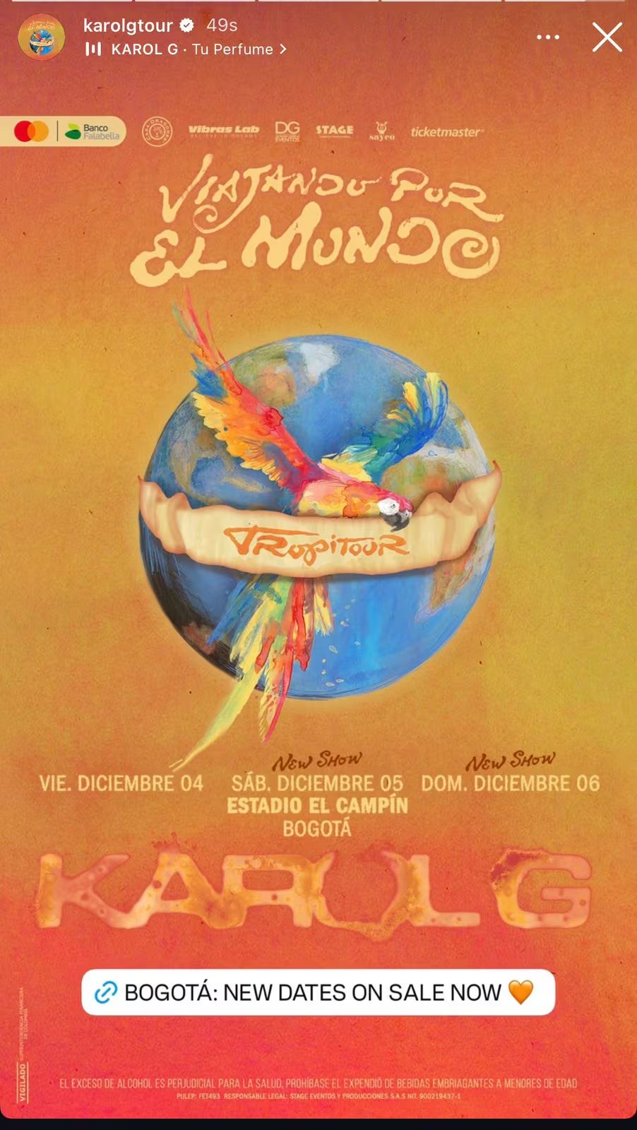 La demanda de entradas para el “Viajando por el mundo, Tropitour” en Bogotá impulsó la apertura de dos nuevas fechas en El Campín, programadas para el 5 y 6 de diciembre de 2026 - crédito @karolgtour / Instagram