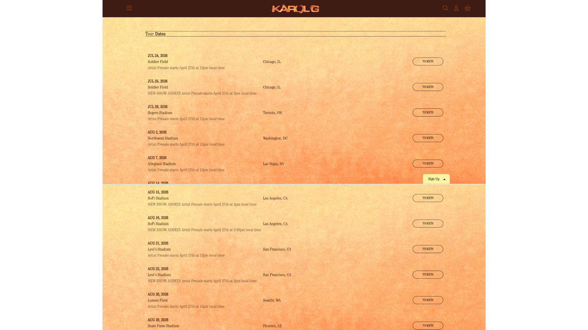 Karol G añade más fechas a su gira tras la alta demanda en la venta de sus boletos - crédito captura de pantalla Karol G Shop