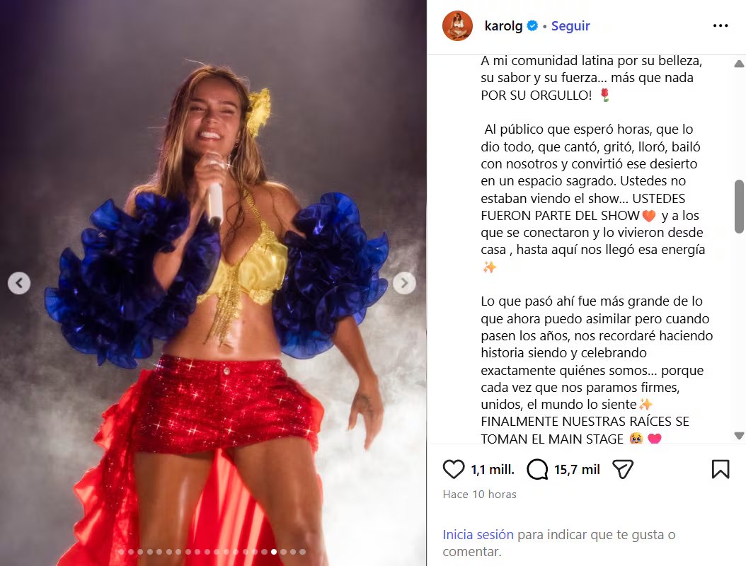 Al finalizar su mensaje, la colombiana destacó la presencia del público que bailó y se gozó sus canciones - crédito @karolg/IG
