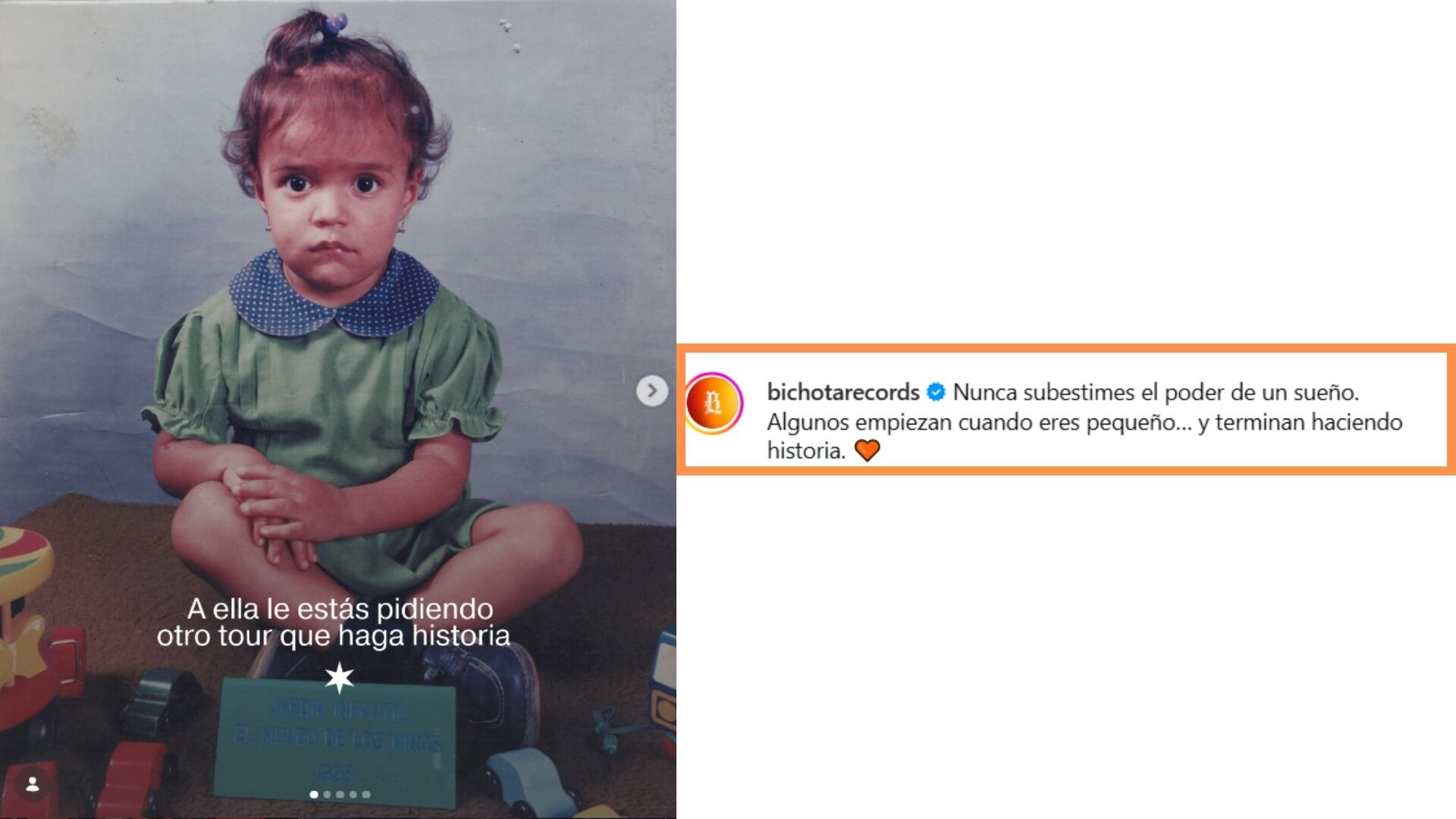 Cuentas como Bichota Records y Karolgtour publicaron una imagen de Karol G de niña con un mensaje que dio pistas sobre el tour -crédito @bichotarecords/ Instagram