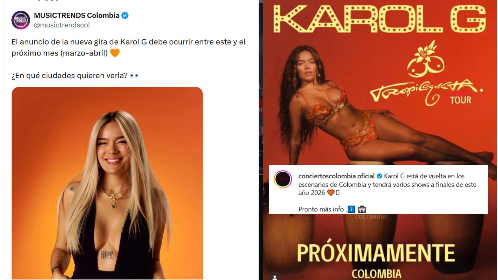 Rumores y pistas en redes sociales, incluso compartidos por el equipo de Karol G, apuntan a que el anuncio de la gira podría ocurrir entre marzo y abril de 2026 - crédito @conciertoscolombia.oficial/ Instagram @musictrendscol/ X