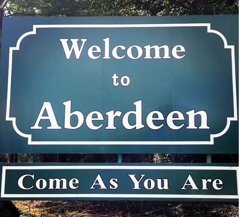 El cartel de bienvenida en Aberdeen, el lugar donde nació Kurt Cobain. 