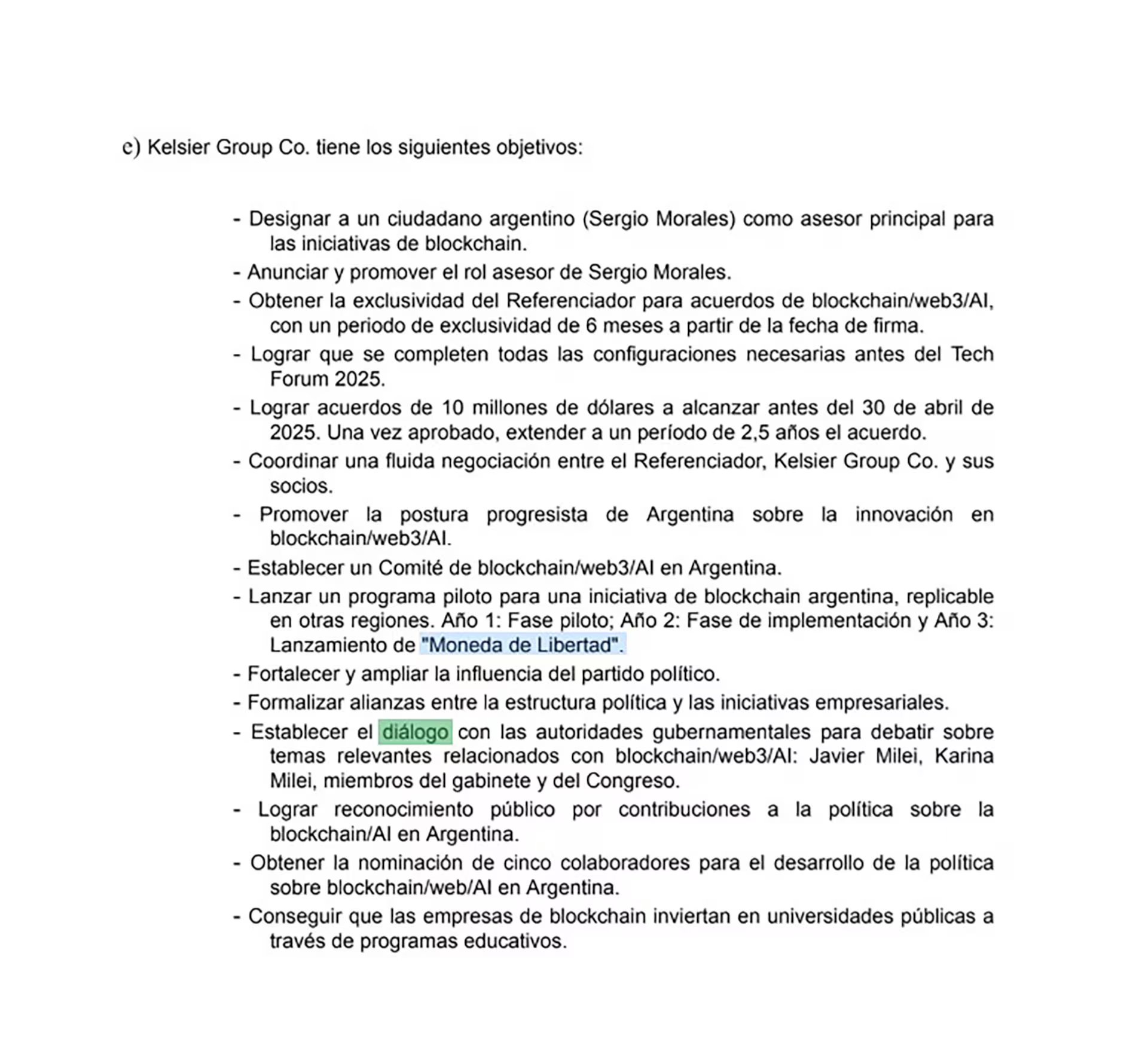 Fragmento del Anexo A de la oferta irrevocable fechada el 21 de noviembre de 2024, recuperada del celular de Mauricio Novelli durante el peritaje de la DATIP