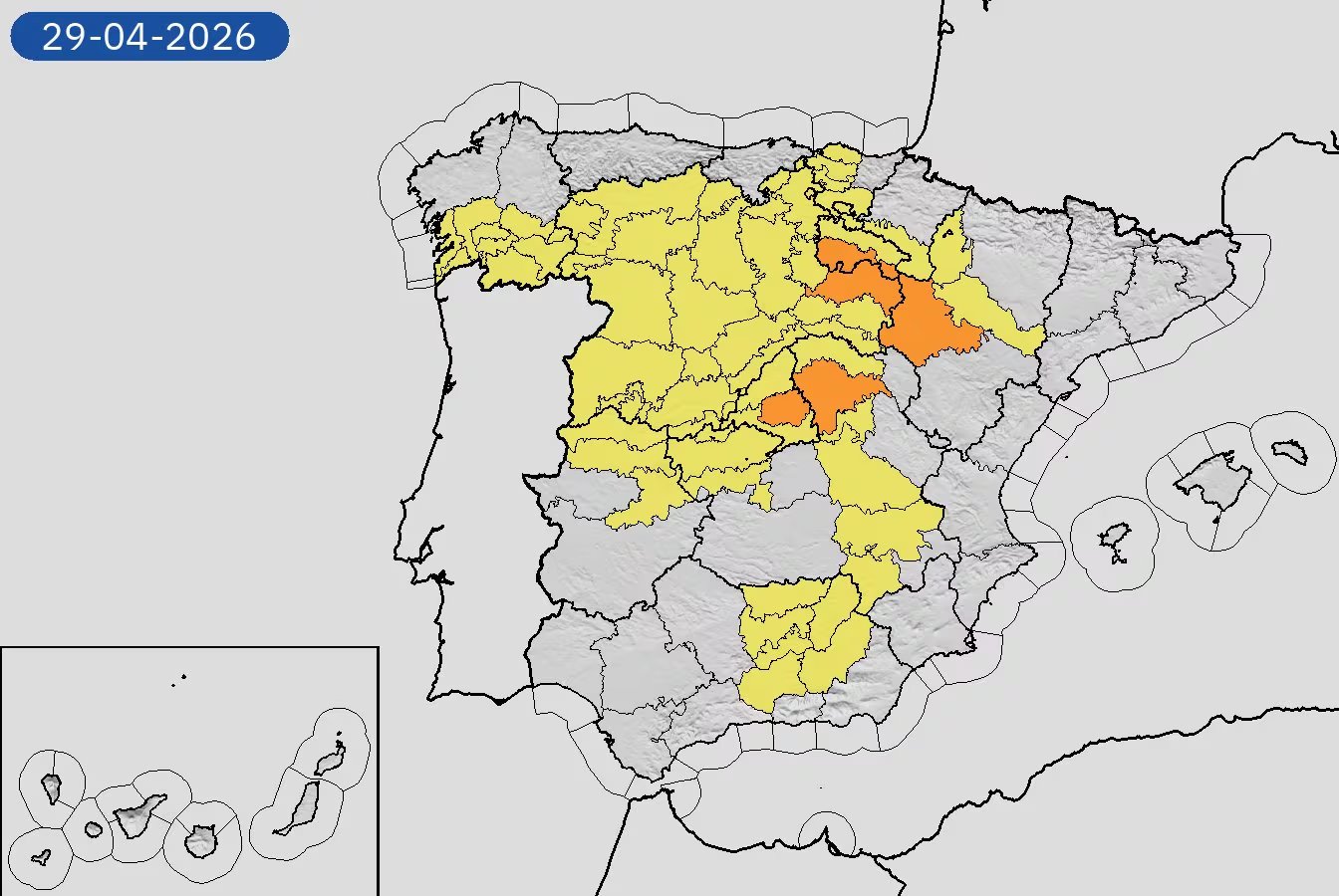 Mapa de alertas meteorológicas por lluvias y tormentas para este miércoles, 29 de abril de 2026. (Aemet)