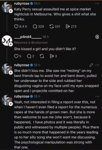 Ruby asegura que Katy le mostró sus genitales mientras ella descansaba en el regazo de una amiga suya 
(Créditos: Threads/Ruby Rose)