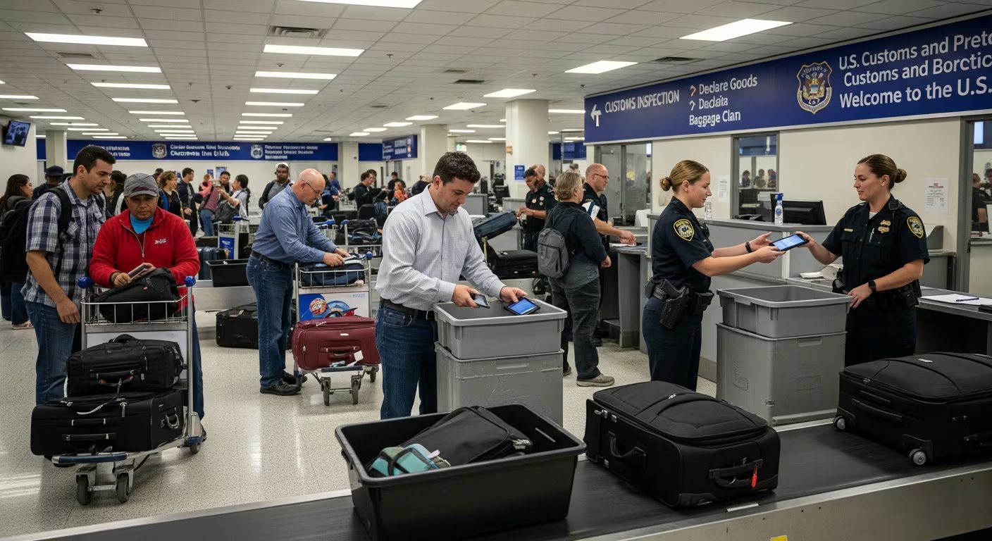 Un grupo diverso de viajeros se somete a una inspección de aduanas en un aeropuerto internacional, colocando sus dispositivos electrónicos en contenedores para su revisión por agentes de CBP. (Imagen Ilustrativa Infobae)