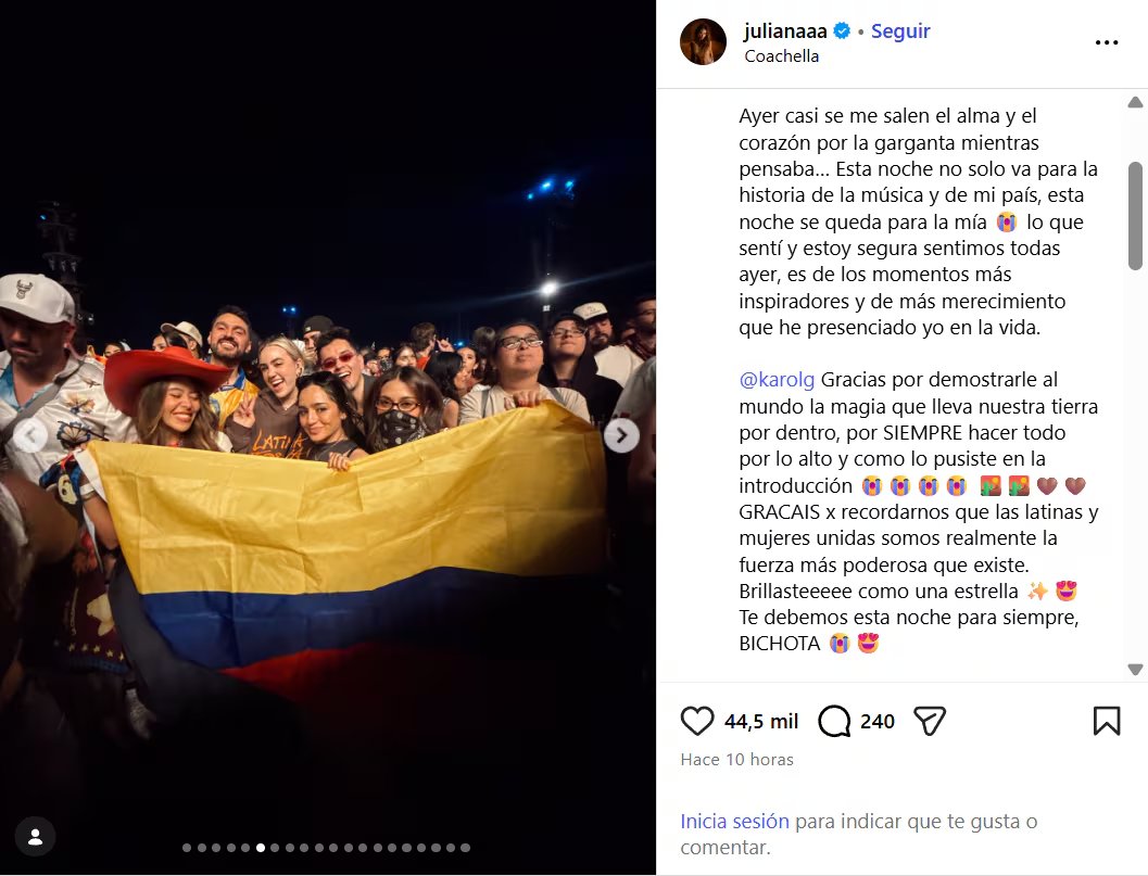 Juliana Velásquez estuvo entre el público de Coachella y dedicó una palabras a Karol G en sus redes - crédito @julianaaa/IG