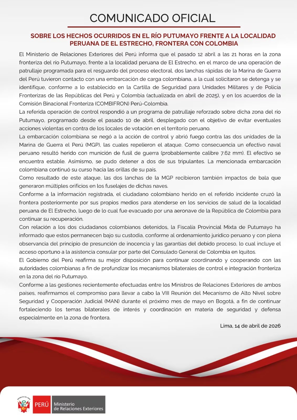 Comunicado de la Cancillería de Perú sobre enfrentamiento en el río Putumayo