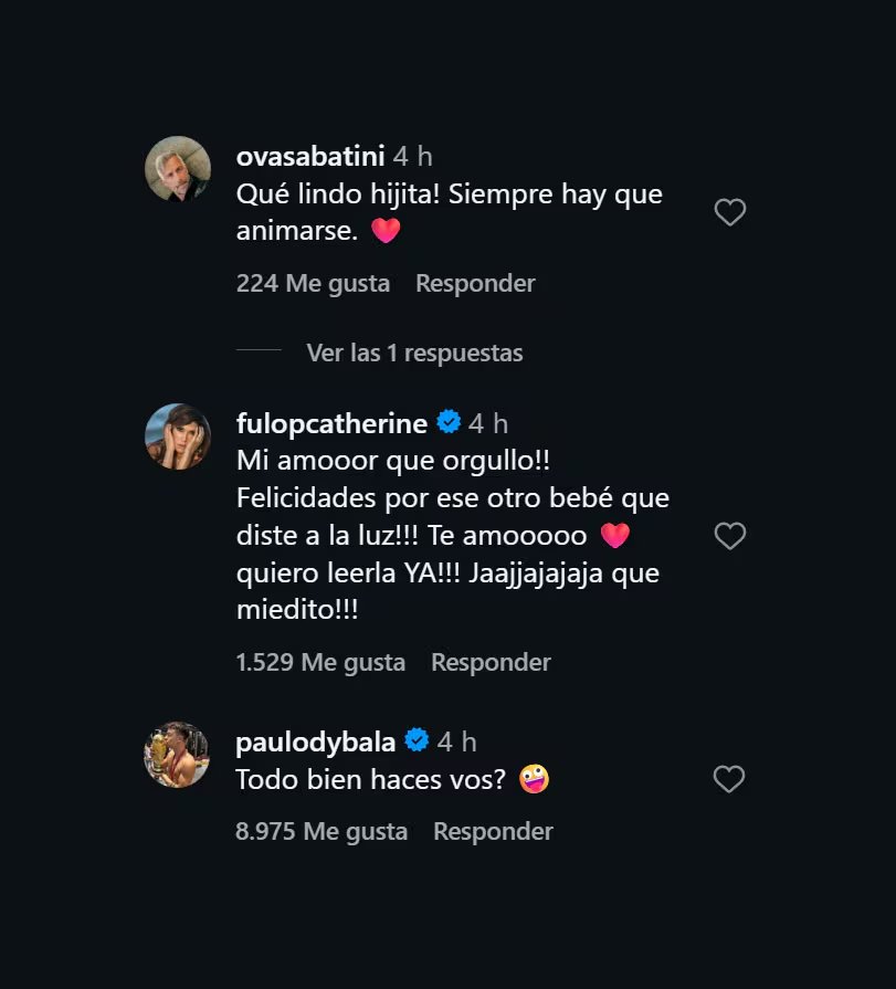 El anuncio en Instagram generó una ola de mensajes, destacándose el apoyo público de Paulo Dybala y el círculo íntimo de la autora