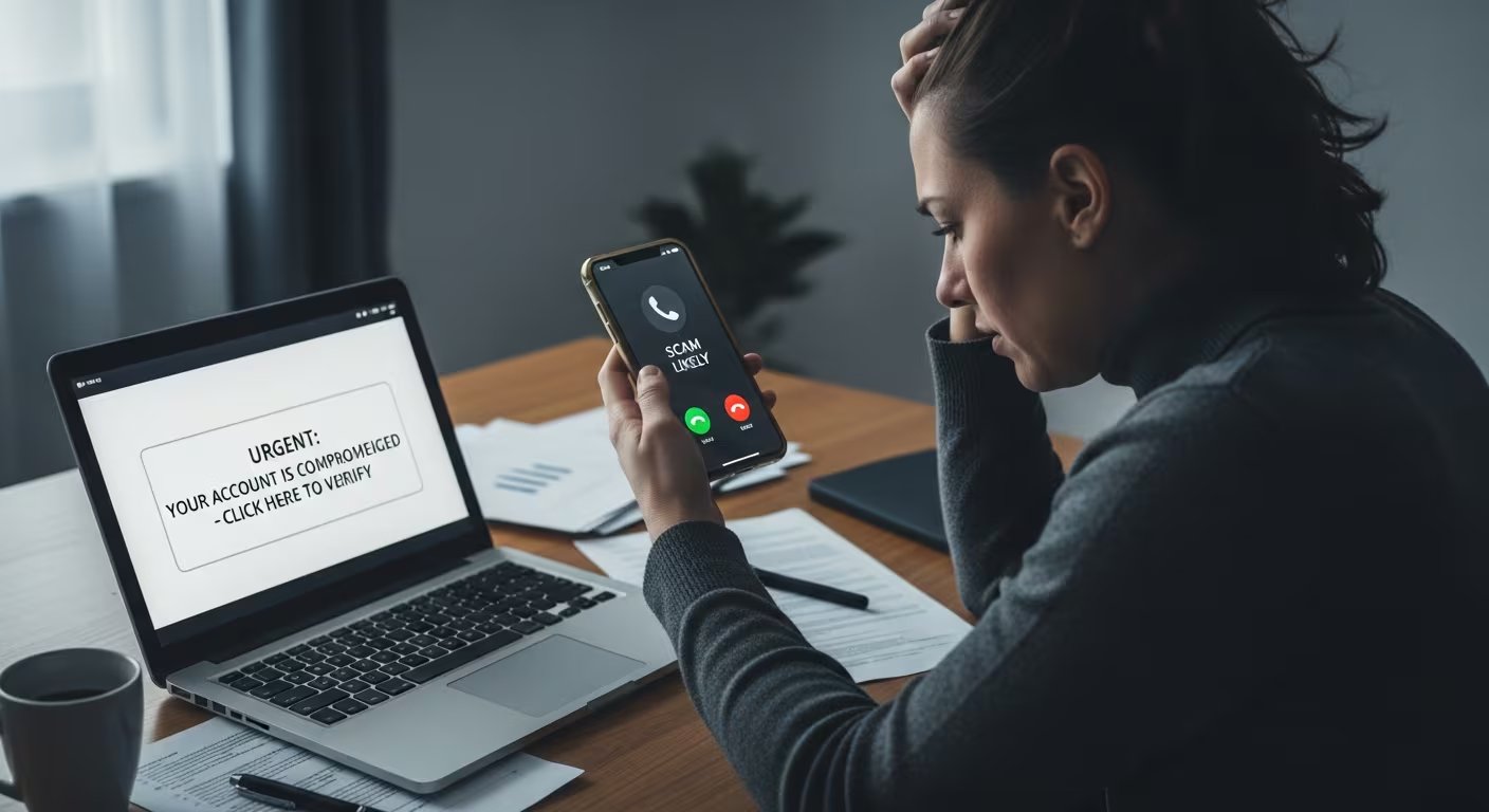 Una mujer, visiblemente preocupada, revisa su teléfono móvil mientras recibe una llamada sospechosa (Imagen Ilustrativa Infobae)