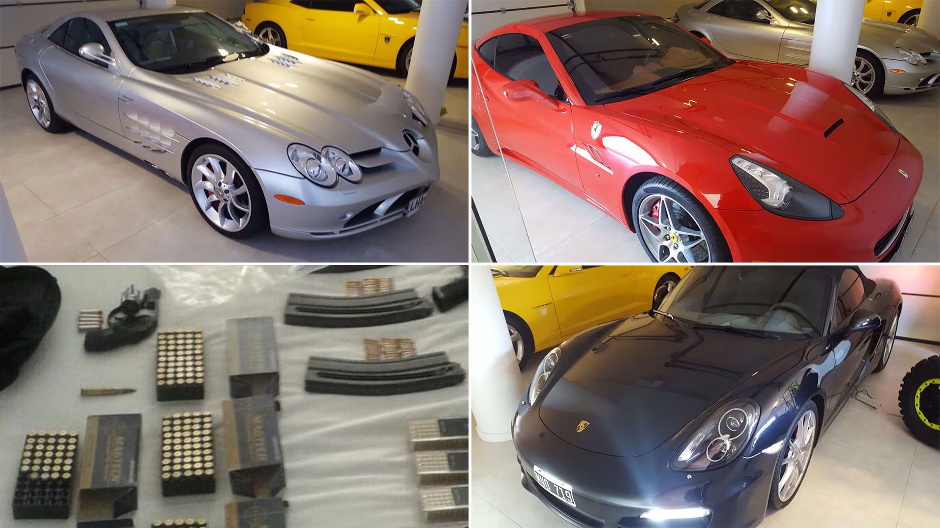 Los autos de lujo y las armas encontradas en el allanamiento que la justicia uruguaya realizó en El Gran Chaparral, la chacra de Marcelo Balcedo 