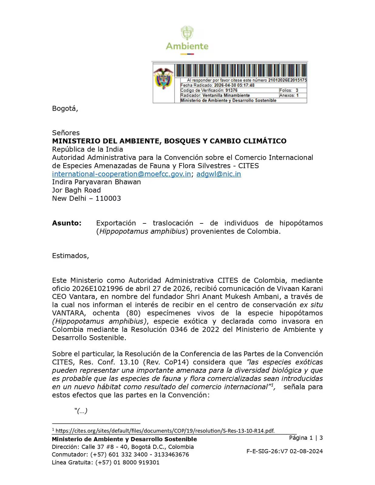 El Ministerio de Ambiente realizó la petición de traslado al gobierno Indio - crédito @IreneVelezT / X
