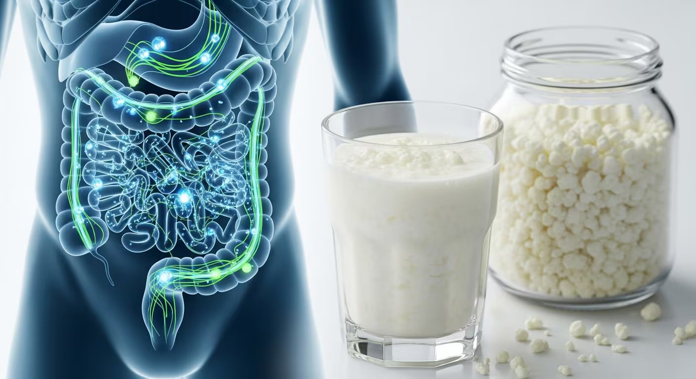 Un vaso de kéfir de leche y granos de kéfir se presentan junto a una ilustración transparente del tracto intestinal humano, destacando su impacto en la diversidad bacteriana. (Imagen Ilustrativa Infobae)