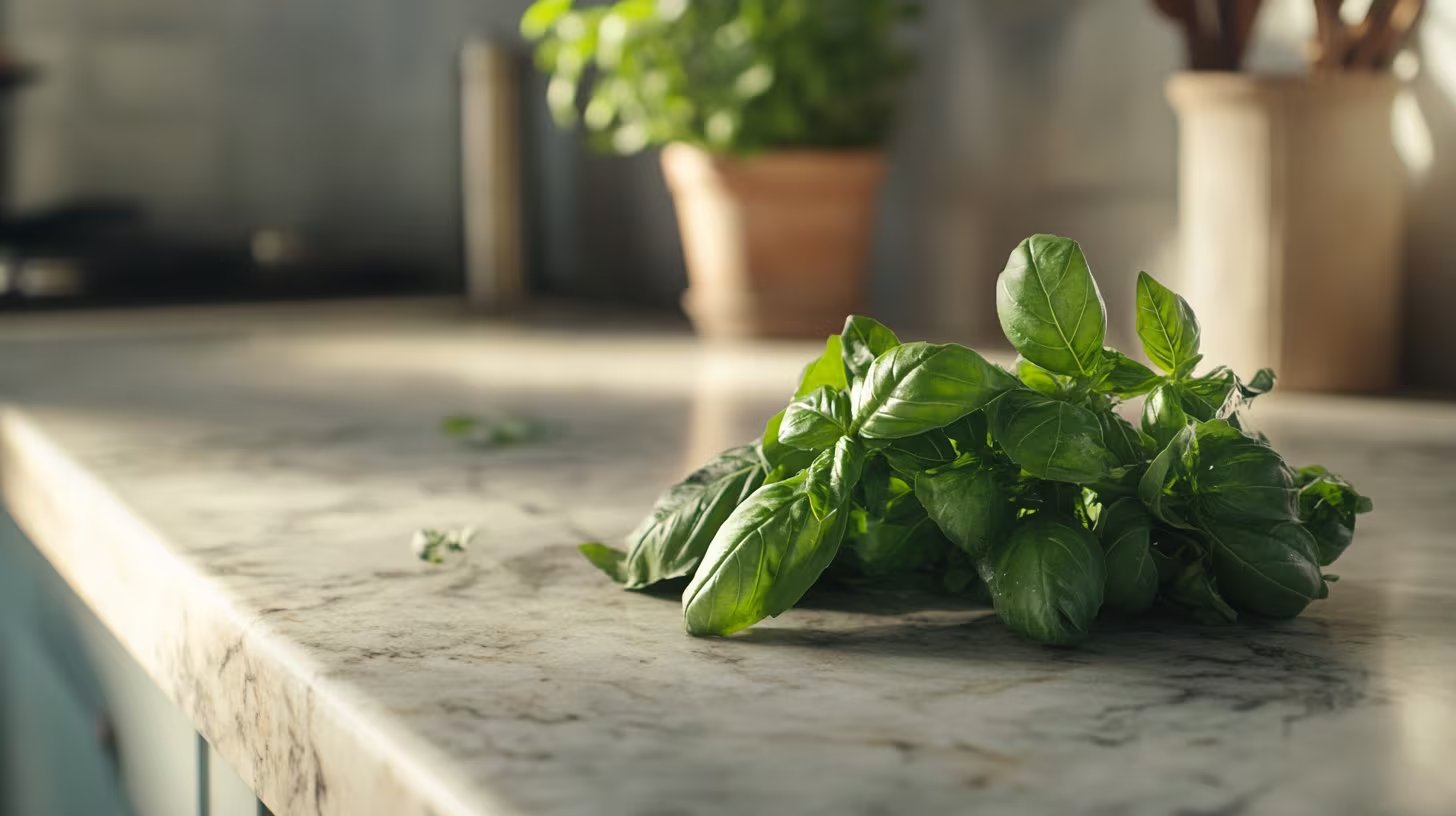 La albahaca en agua aporta aire fresco y aroma delicado, además de ser práctica para enriquecer platos y ensaladas desde tu hogar (Imagen Ilustrativa Infobae)