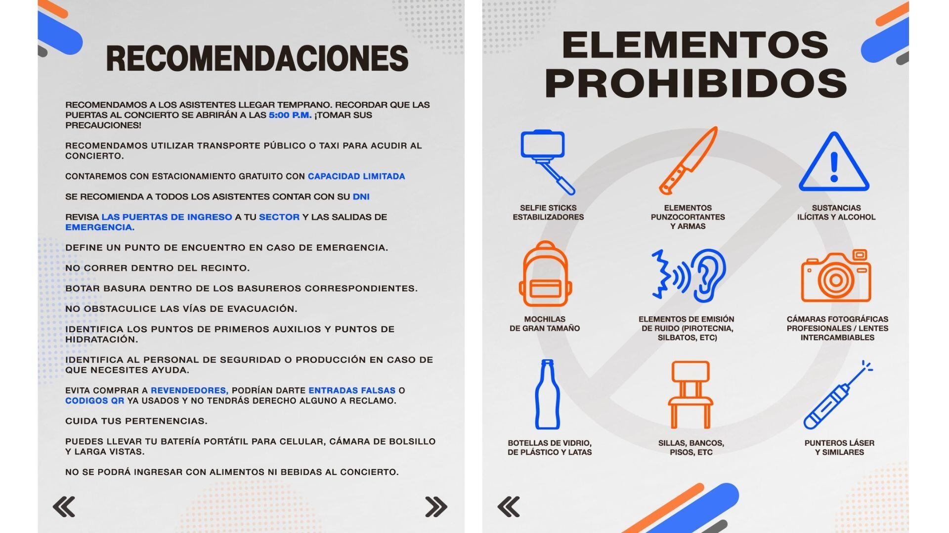 La imagen muestra un cartel informativo con recomendaciones y una lista de elementos prohibidos para los asistentes al concierto de Laura Pausini en Lima.