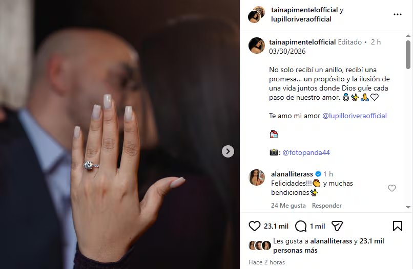 Taína Pimentel muestra su anillo de compromiso en una publicación de redes sociales, confirmando su próxima boda con el cantante Lupillo Rivera. (Instagram: @tainapimentelofficial)