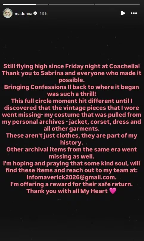 La artista ofreció una recompensa por la devolución de las prendas vintage desaparecidas durante la noche del evento en Indio (Instagram/@madonna)