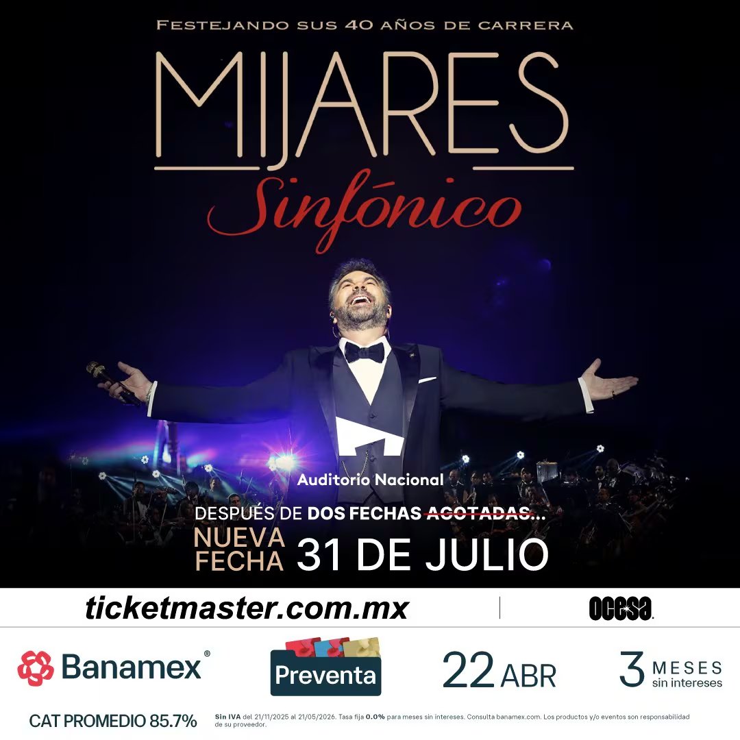 La preventa de boletos para el nuevo concierto de Mijares comenzará el 22 de abril a las 11:00 para tarjetahabientes Banamex y un día después para el público general en Ticketmaster (Ocesa)