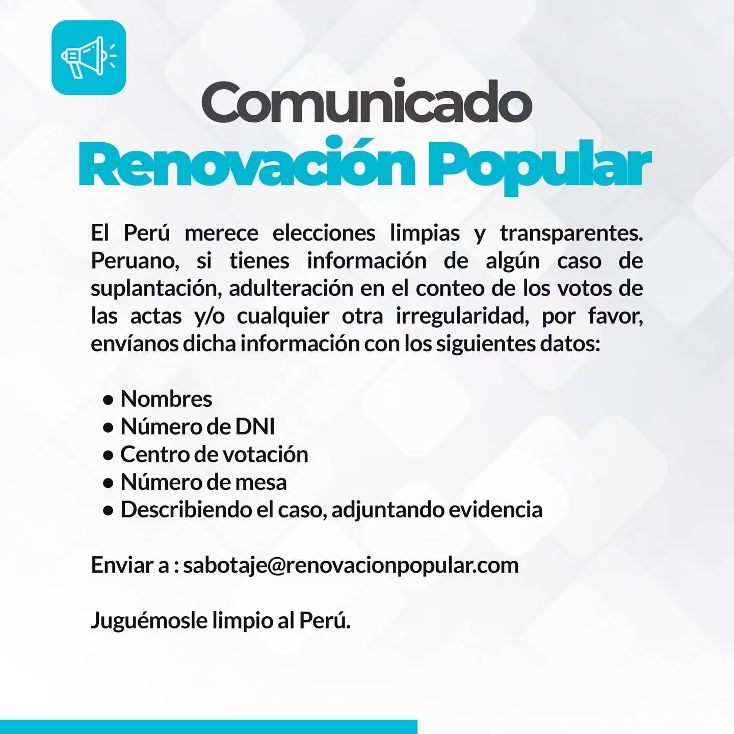 Renovación Popular retira oferta de recompensa a cambio de prueba de supuesto fraude. (Foto: Rafael López Aliaga)
