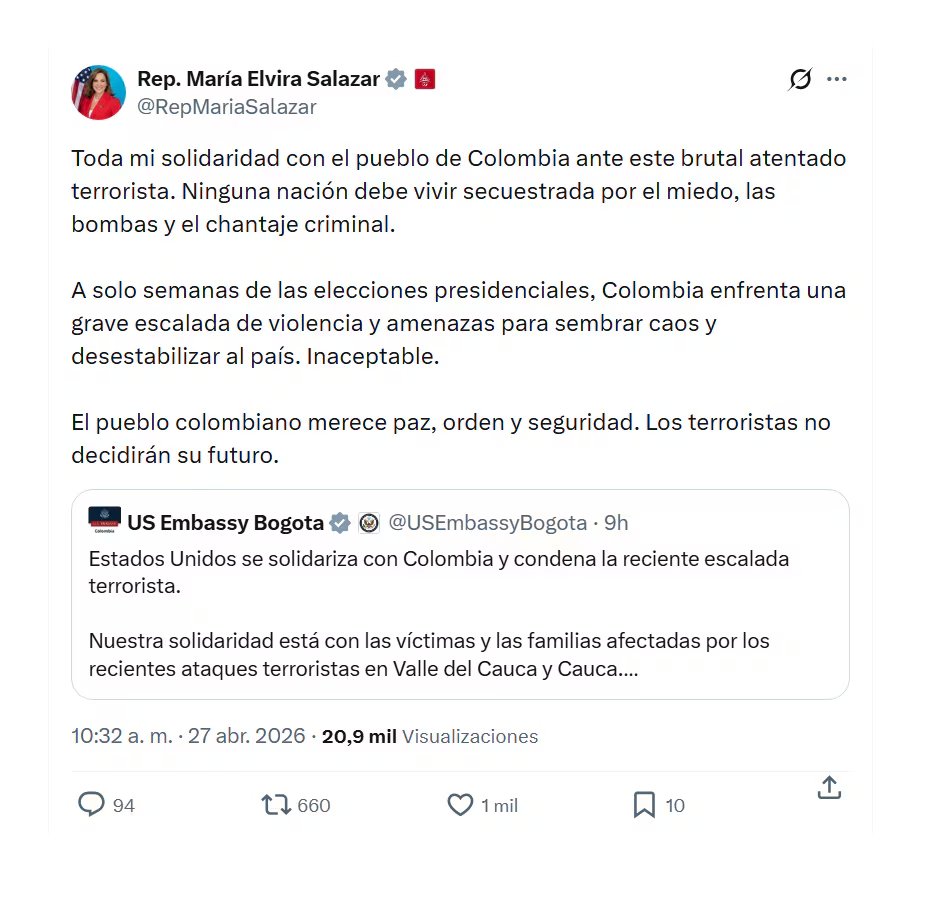 Con este mensaje en las redes sociales, la representante María Elvira Salazar expresó su concepto sobre ataques en Cauca y Valle del Cauca - crédito @RepMariaSalazar/X