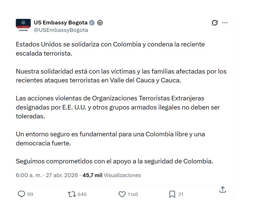 A través de sus canales oficiales, la Embajada de Estados Unidos en Colombia reaccionó a ataques de las disidencias de las Farc - crédito @USEmbassyBogota/X