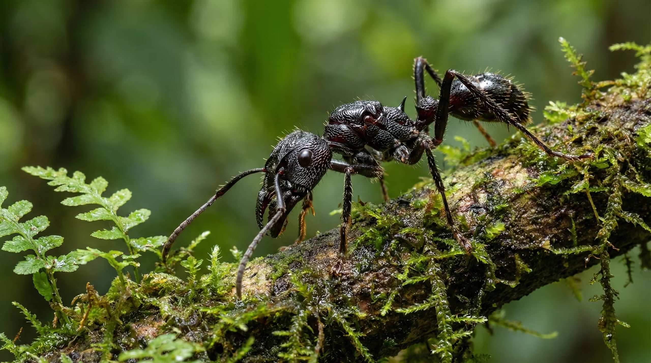 Una hormiga bala (Paraponera clavata) con su exoesqueleto negro brillante y potentes mandíbulas se desplaza sobre una rama cubierta de musgo en una selva tropical (Imagen Ilustrativa Infobae)