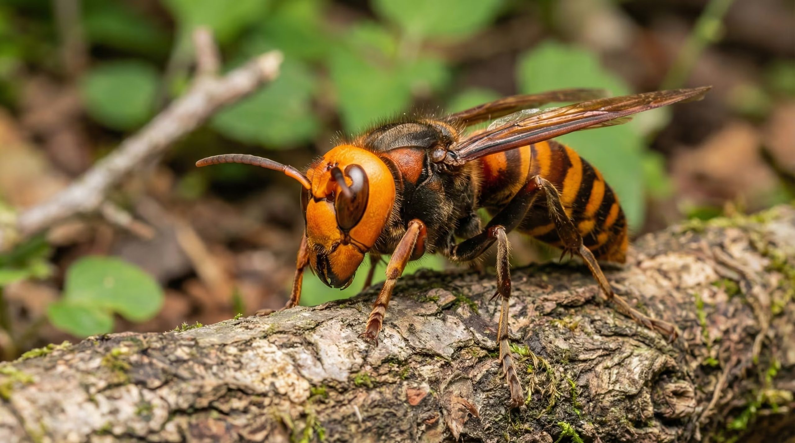 Una avispa gigante japonesa (Vespa mandarinia) se posa sobre una rama con musgo. Resaltan sus franjas naranjas y negras, y sus mandíbulas prominentes (Imagen Ilustrativa Infobae)