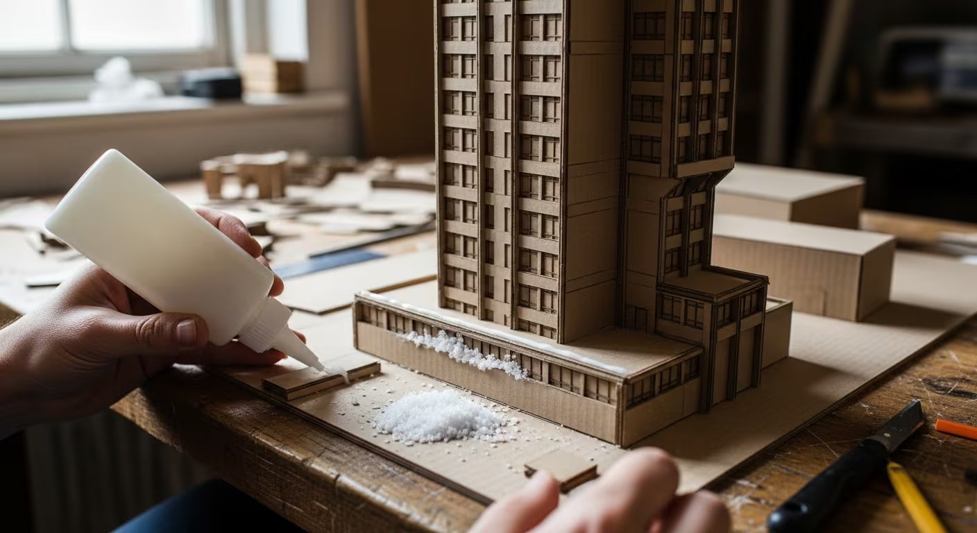 Manos hábiles detallan una maqueta de edificio de cartón utilizando pegamento blanco y sal para simular elementos arquitectónicos en una superficie de trabajo. (Imagen Ilustrativa Infobae)