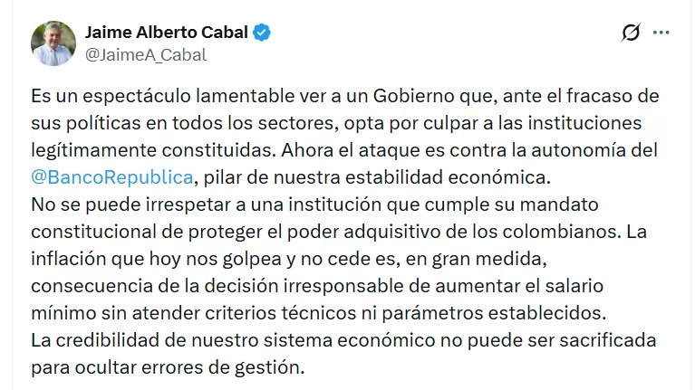 Jaime Cabal, presidente de Fenalco, lamentó que el Gobierno Petro ataque la autonomía del Banco de la República - crédito @JaimeA_Cabal/X