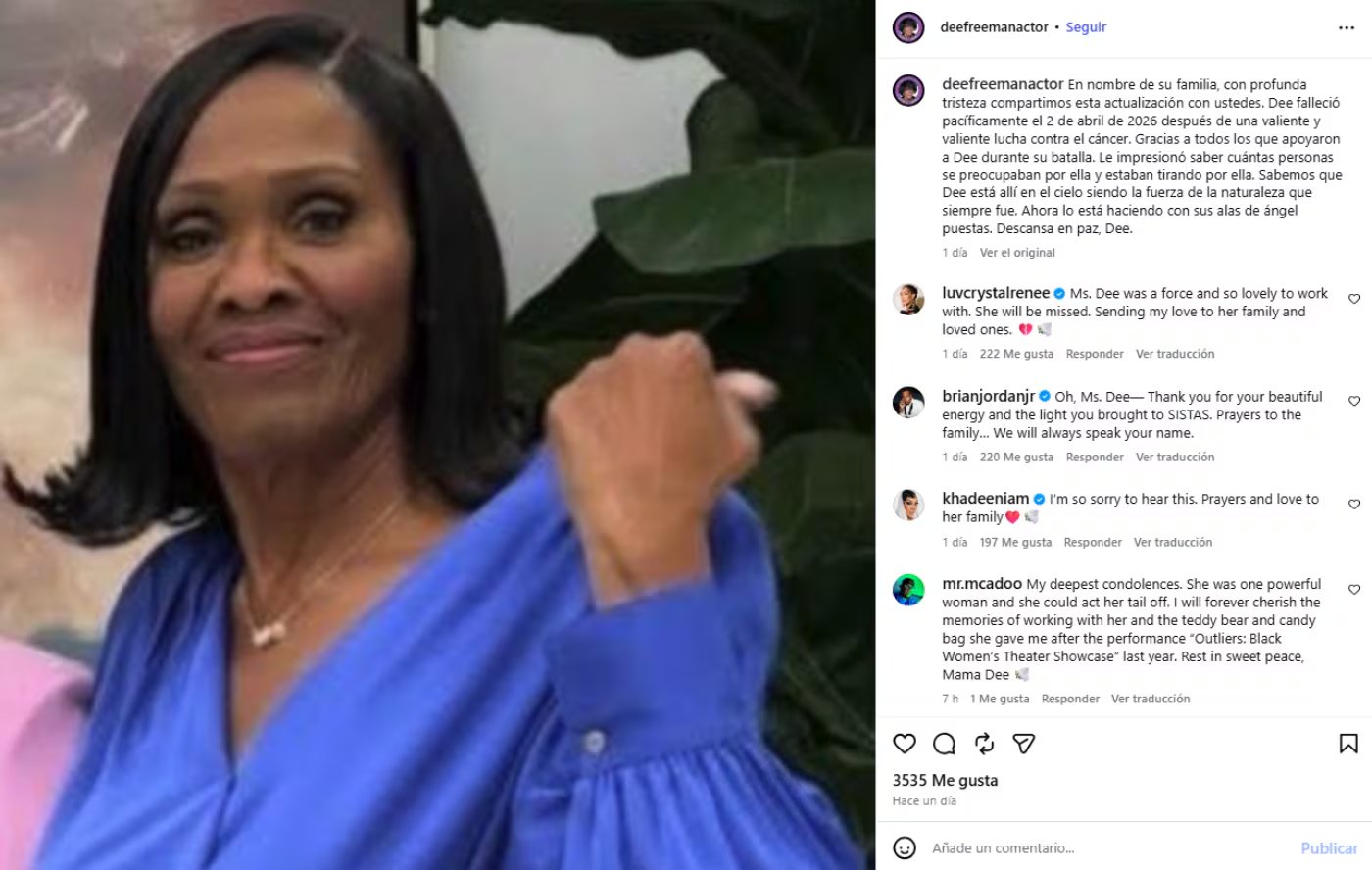 La actriz de televisión luchaba contra un cáncer de pulmón en estadio 4, diagnóstico confirmado por sus familiares y representantes en un comunicado (Instagram/@deefreemanactor)