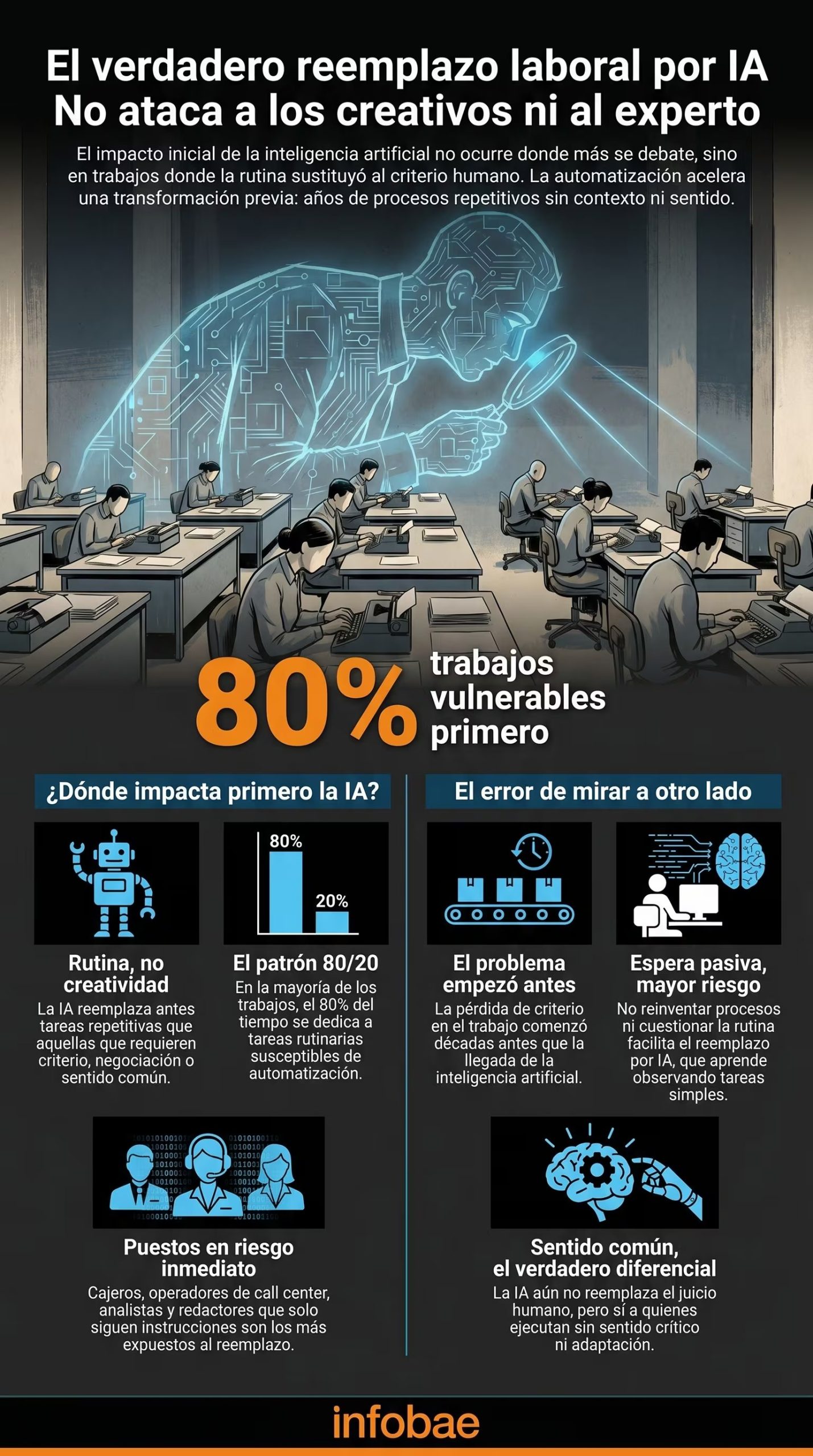 La inteligencia artificial impacta primero los trabajos rutinarios donde el criterio humano ha sido minimizado, acelerando procesos repetitivos sin contexto ni sentido, dejando al descubierto la vulnerabilidad del 80% de los empleos. (Imagen Ilustrativa Infobae)