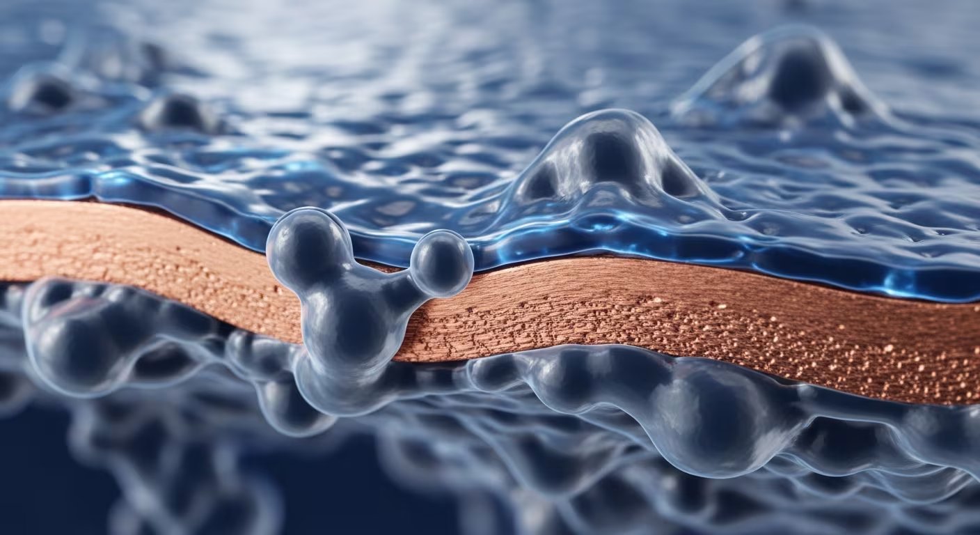 Vista hiperrealista muestra la interacción detallada entre moléculas y una película de biopolímero de 2-5 nanómetros sobre una superficie de cobre (Imagen Ilustrativa Infobae)