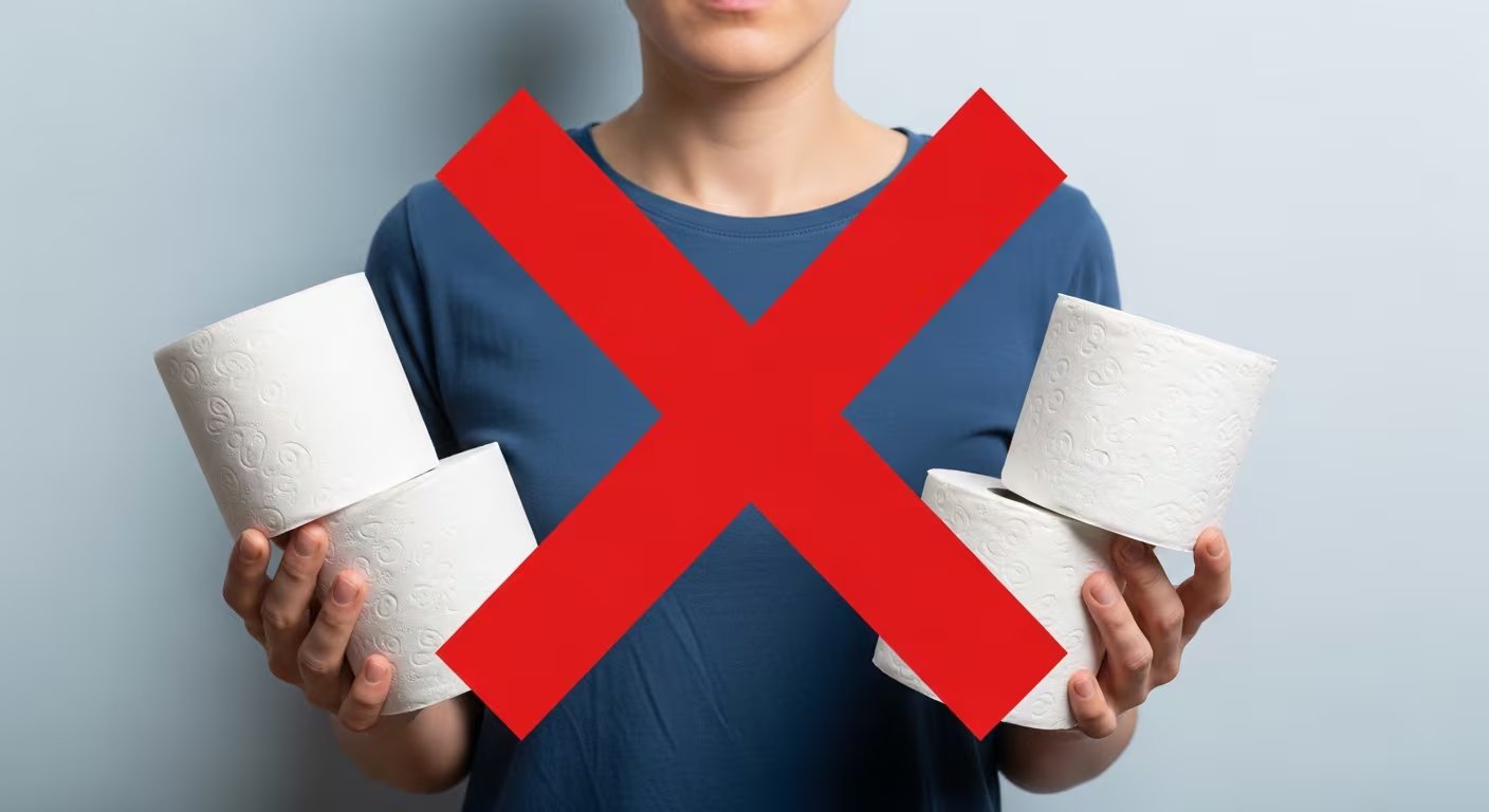Una persona sostiene rollos de papel higiénico, simbolizando la prohibición o restricción de la compra excesiva o el acaparamiento de este producto en el contexto de escasez. (Imagen Ilustrativa Infobae)