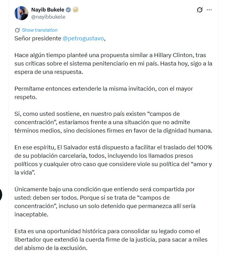 Bukele planteó que, si se considera que existen violaciones sistemáticas de derechos humanos en su país, la respuesta debería ser el traslado total de los reclusos como una acción concreta - crédito @nayibbukele/X