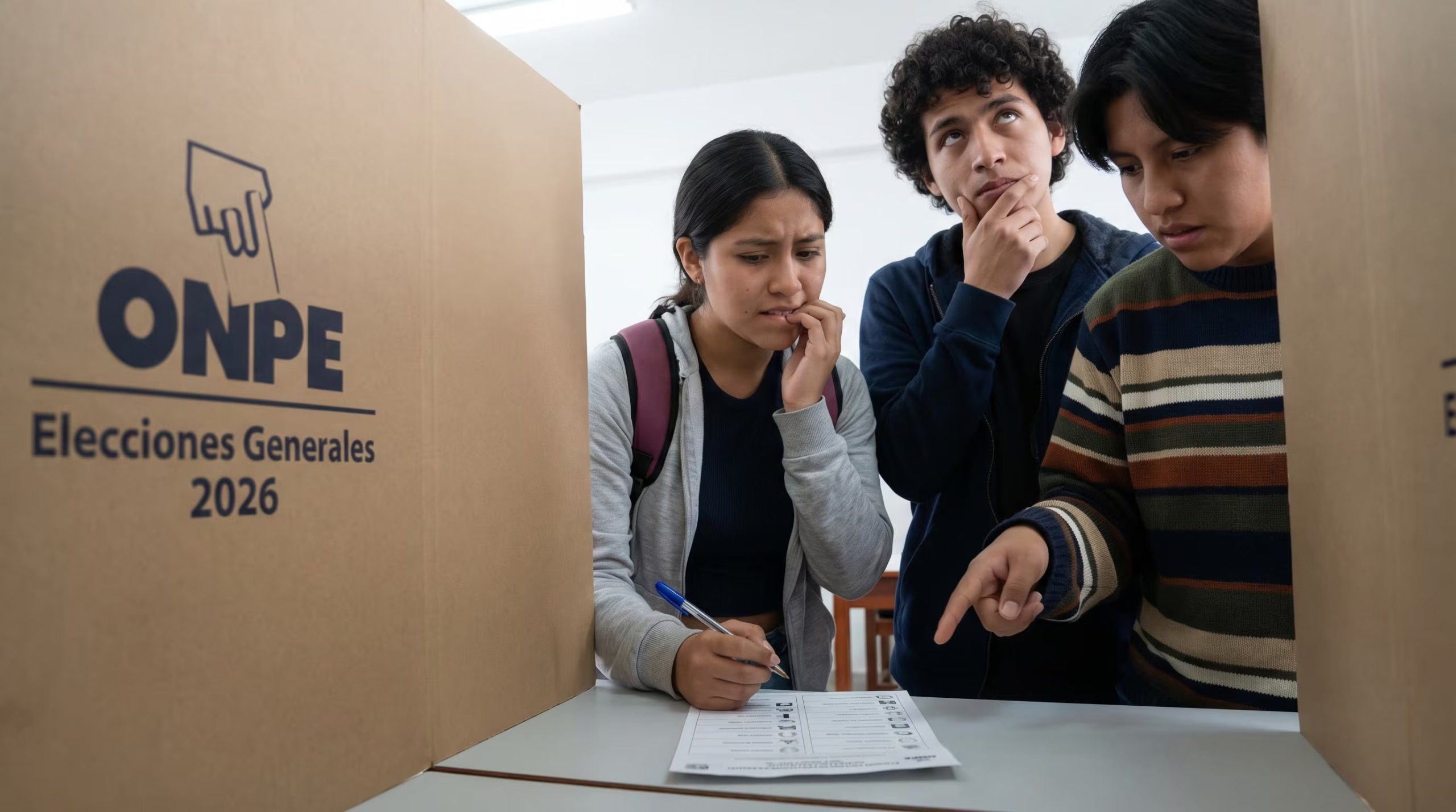 Tres jóvenes votantes, visiblemente indecisos, deliberan en una cámara de votación de la ONPE antes de emitir su sufragio para las Elecciones Generales de Perú 2026. (Imagen Ilustrativa Infobae)