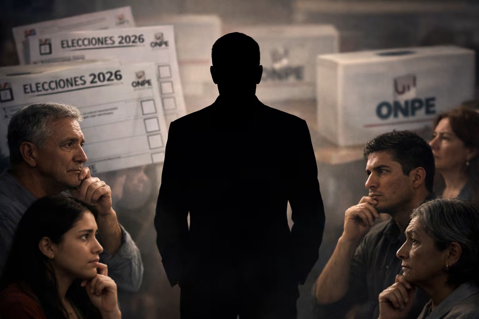 Una silueta de candidato presidencial se alza en el centro, mientras un público reflexivo lo observa con incertidumbre, con papeletas de votación y urnas de la ONPE de 2026 en el fondo. (Imagen Ilustrativa Infobae)