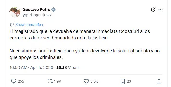 El presidente Gustavo Petro cuestionó la decisión del Tribunal Administrativo de Bolívar que suspendió la intervención de Coosalud EPS - credito @petrogustavo/X