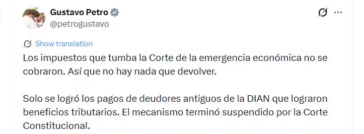 El mandatario señaló que los recursos obtenidos correspondieron principalmente a pagos de deudas antiguas con la Dian - crédito @petrogustavo/X