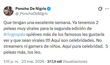 Seguidores en X proponen nombres para la próxima temporada de Ring Royale, mientras crece la expectativa sobre los participantes.
(RS: @ponchodenigris)