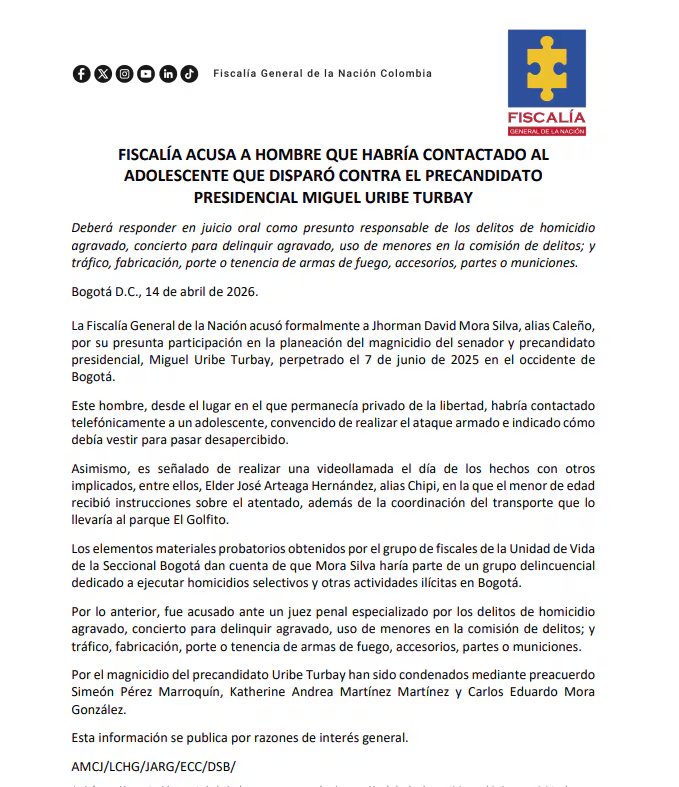 La Fiscalía indicó que Jhorman David Mora Silva fue acusado ante un juez penal especializado por los delitos de homicidio agravado, concierto para delinquir agravado, entre otros - crédito Fiscalía