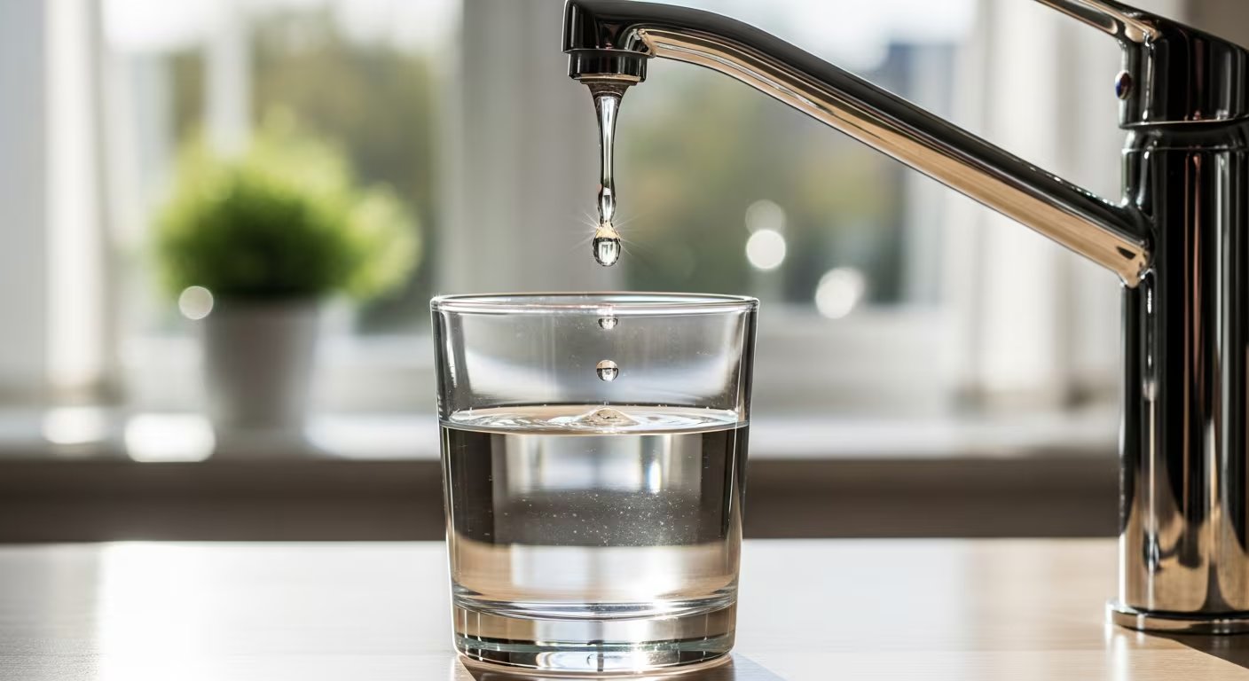Una gota de agua potable cae de un grifo moderno a un vaso lleno a medias, simbolizando la importancia del consumo diario y la gestión de este recurso vital. (Imagen Ilustrativa Infobae)