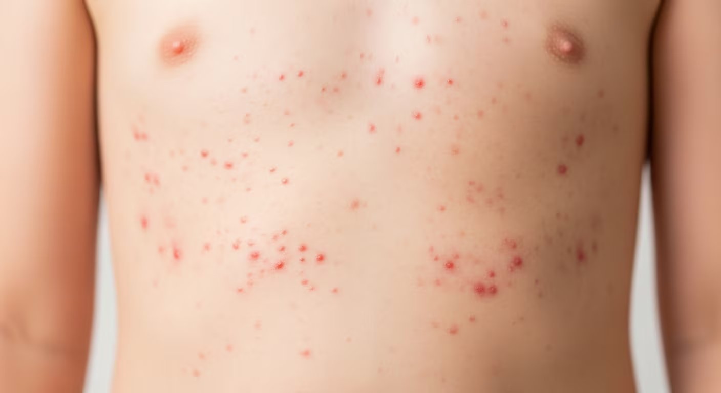 Una vista de cerca muestra el sarpullido rojizo característico del sarampión en el torso de un niño, un síntoma clave de esta enfermedad altamente contagiosa. (Imagen Ilustrativa Infobae)