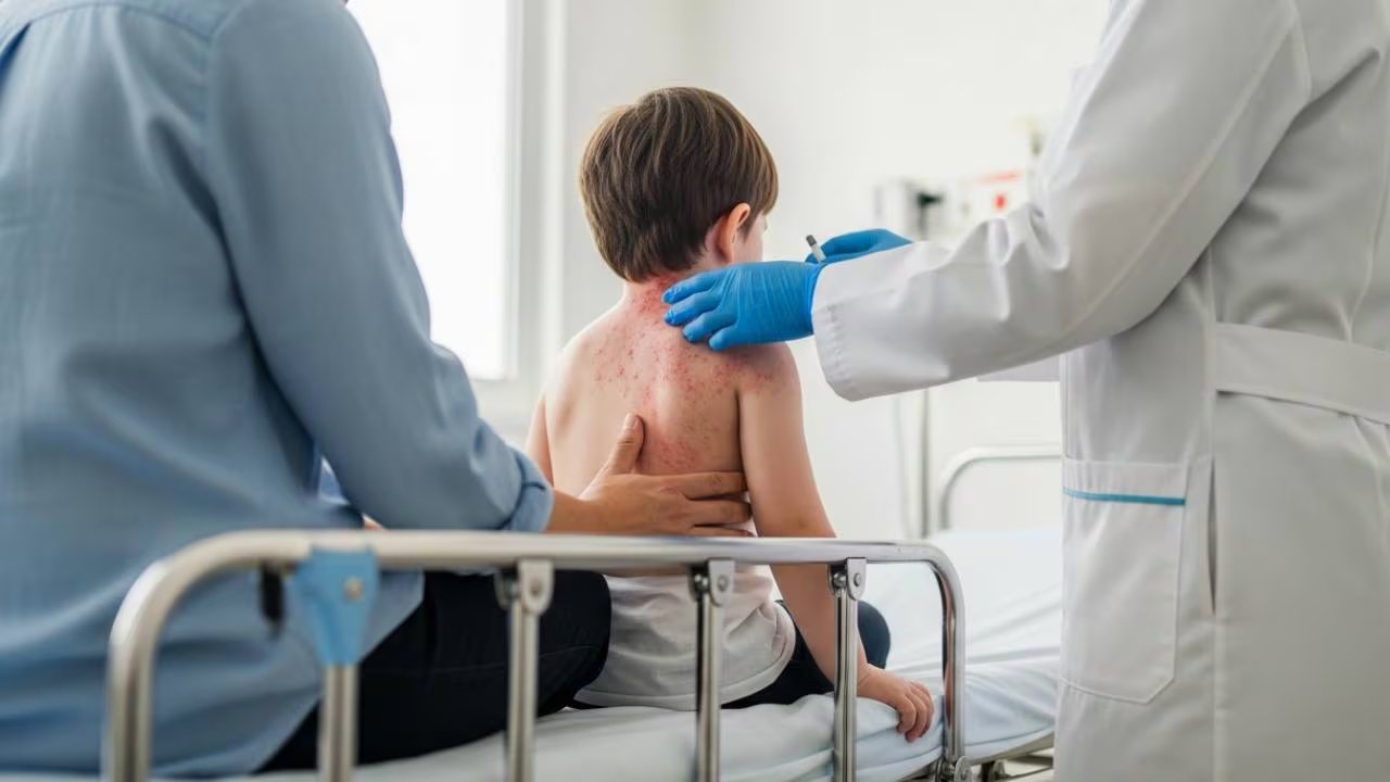 Una enfermera administra una inyección a un niño con sarampión en la espalda, mientras un adulto lo sostiene en una clínica médica. (Imagen Ilustrativa Infobae)