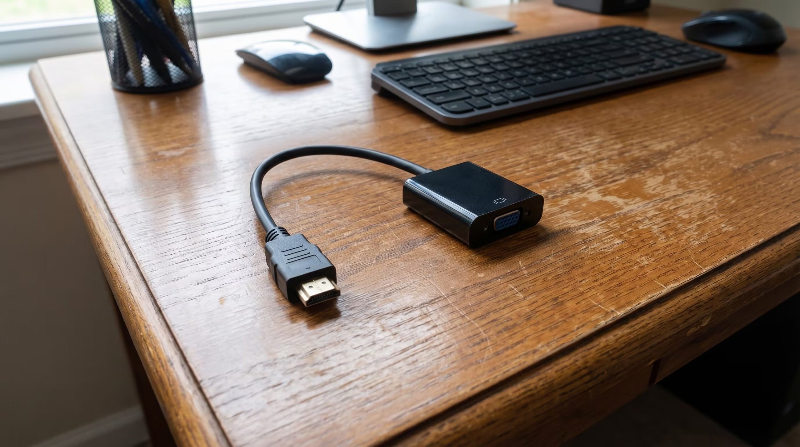 Un adaptador de HDMI a VGA se observa sobre un escritorio de madera en un ambiente de trabajo, destacando su rol crucial en la interconexión de pantallas. (Imagen Ilustrativa Infobae)