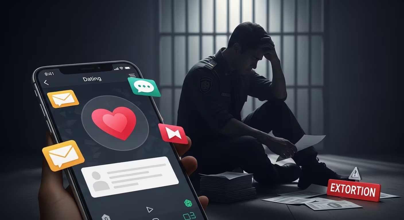 Un teléfono muestra una app de citas mientras una persona uniformada se angustia en una celda con alertas de extorsión. (Imagen Ilustrativa Infobae)