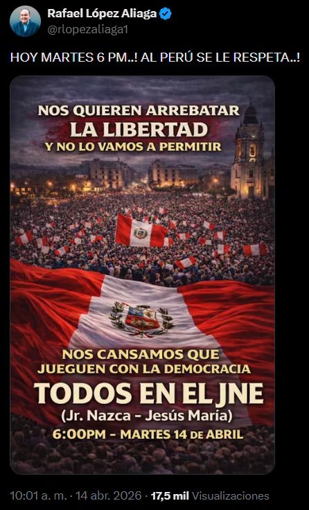 Rafael López Aliaga acusa un supuesto fraude electoral y llama a protesta frente al JNE